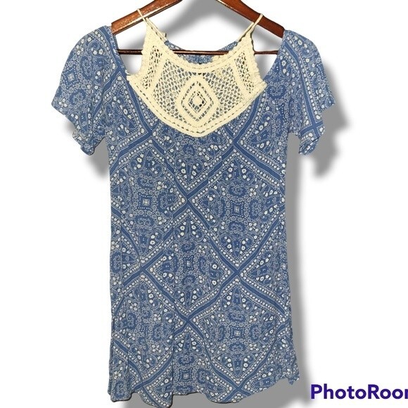 Crochet Spring Break Blue White Print Cold Off Shoulder Short Sleeve Dress S - Picture 1 of 2